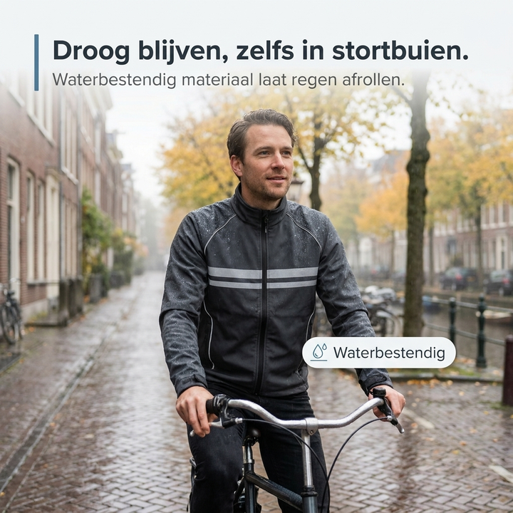 Mand cykler i regnvejr langs en brostensbelagt kanalgade iført den sorte jakke med reflekterende striber, og regndråber perler af stoffet. 2