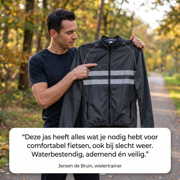 Mand i sort t-shirt holder den grå jakke op og peger på de reflekterende striber i en efterårsskov, med en anbefaling nedenunder. 6