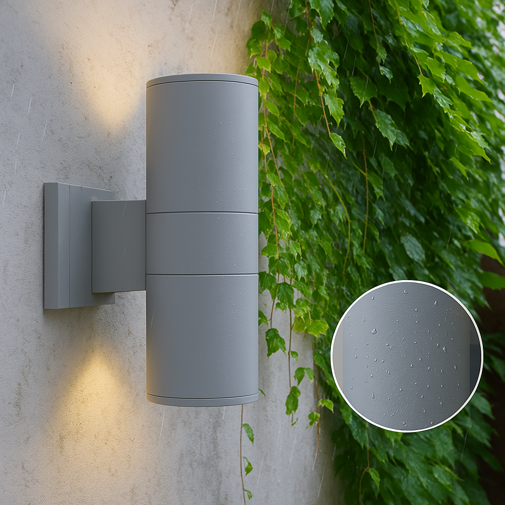 Grå cylinderformet væglampe på en mur med vedbend og regn, med en forstørret detalje af den matte overflade med dråber. 5