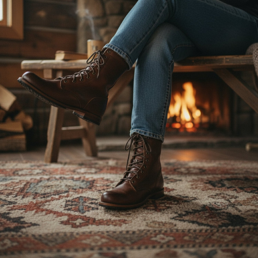 Brune snørestøvler båret af en person i jeans, der sidder med benene over kors foran en brændende pejs på et mønstret tæppe. 5