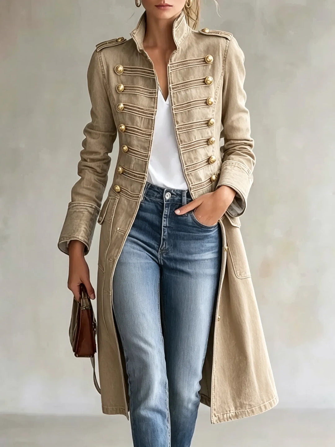 Samme lange militærfrakke i sandbeige med guldknapper og snorebesyg, båret åben over hvid top og jeans. 8