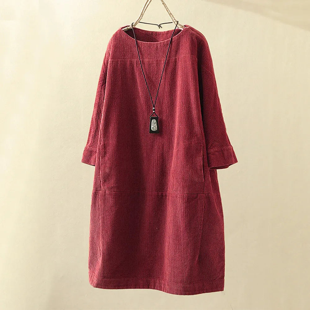 Rotes Cordkleid Damen, langärmelig, lässig, Herbstmode, Vintage-Stil, bequem.