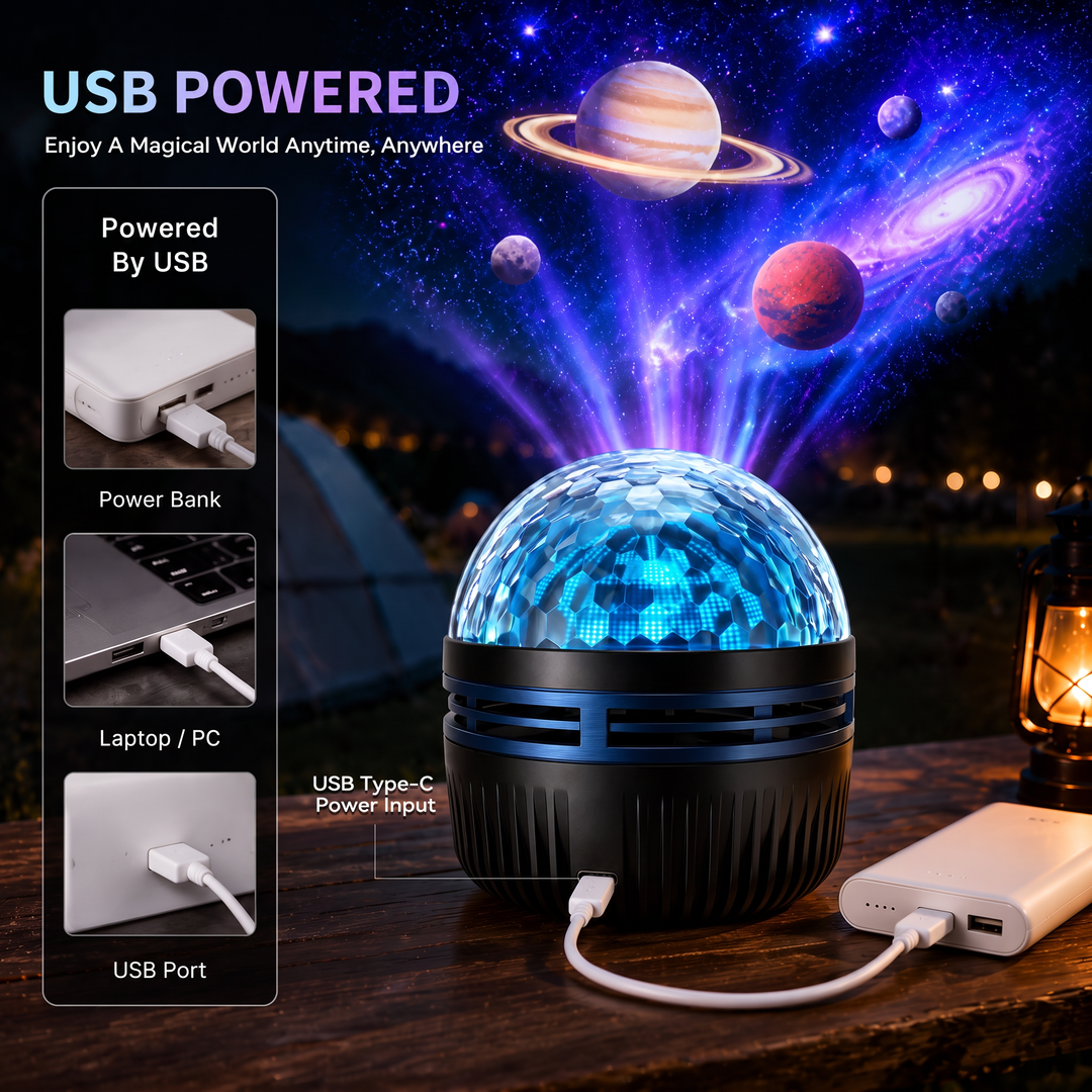 Sort kuppelprojektor med blå stribe drevet via USB-C fra en powerbank, med små billeder af powerbank, bærbar og USB-port. 4