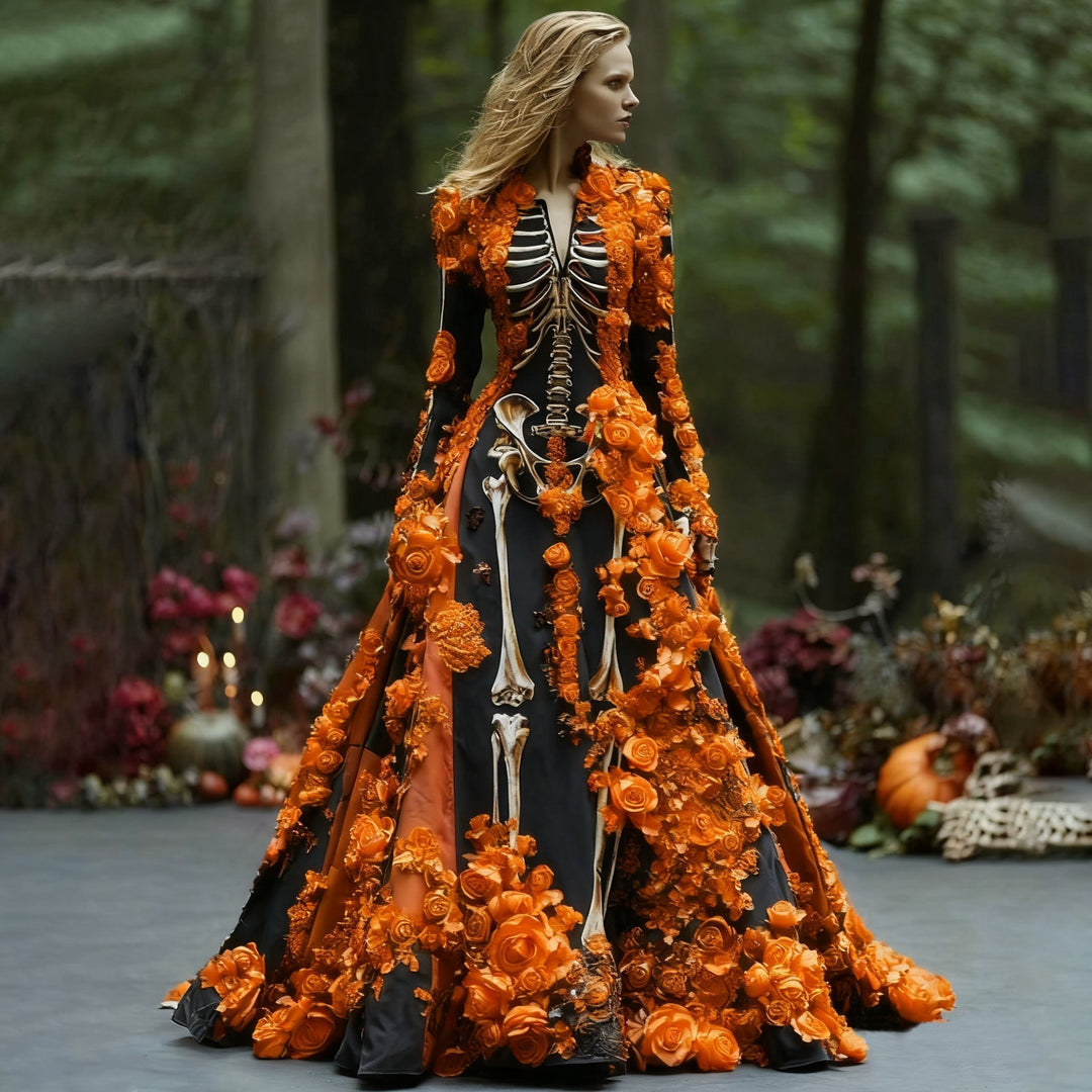Model i skovmiljø bærer sort maxikjole med skeletprint og tredimensionelle orange roser langs ærmer, bryst og skørt. 1
