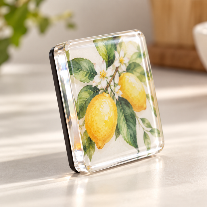 Kvadratisk akrylmagnet med citrontegning og hvide blomster, set på skrå på en lys flade 1
