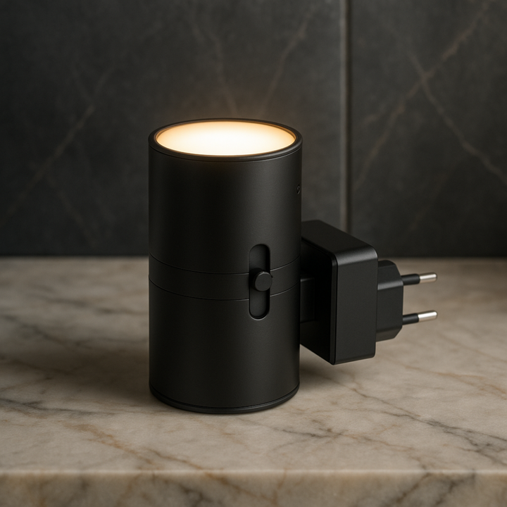 Sort cylinderformet natlampe med skydekontakt på siden og stikben bagtil, stående på en marmorflade med varmt lys i toppen. 3