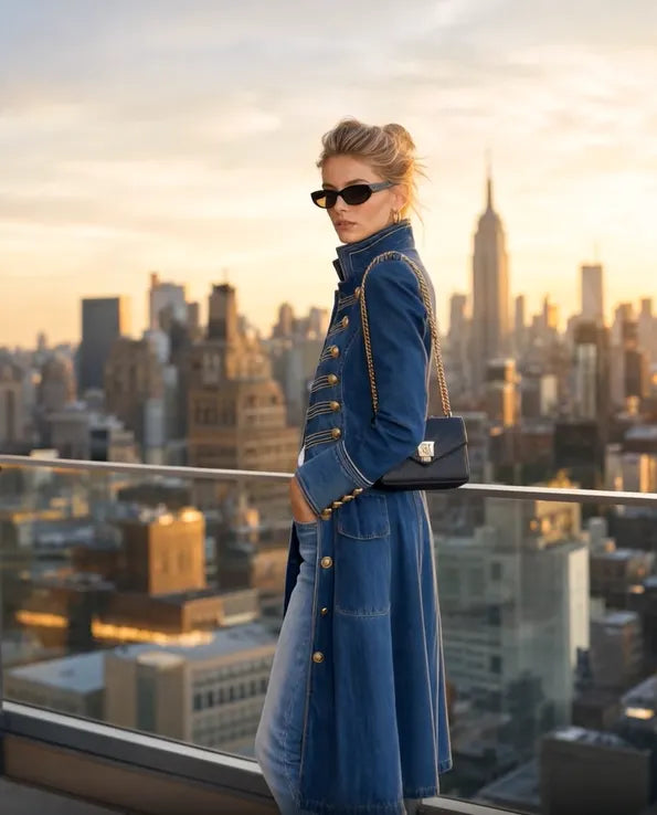 Model set fra siden i blå denimfrakke med guldknapper, solbriller og sort kædetaske, med byens skyline i baggrunden. 7