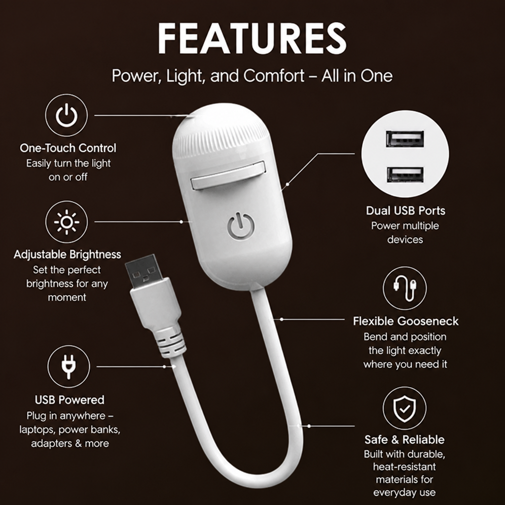 Lampen på mørk baggrund med ikoner, der viser funktioner som tænd-knap, justerbar lysstyrke, dobbelte USB-porte og fleksibelt svanehals-kabel. 7