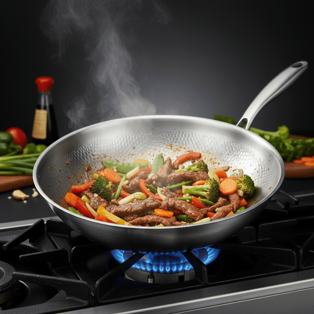 Wokpande på gasblus fyldt med stegt oksekød, broccoli, gulerødder og peberfrugt, mens der stiger damp op. 6
