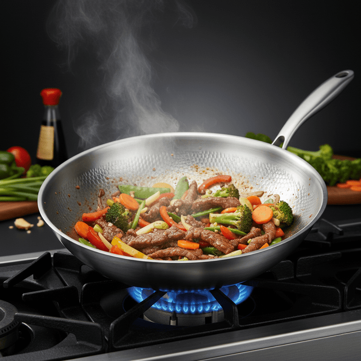 Wokpande på gasblus fyldt med stegt oksekød, broccoli, gulerødder og peberfrugt, mens der stiger damp op. 6