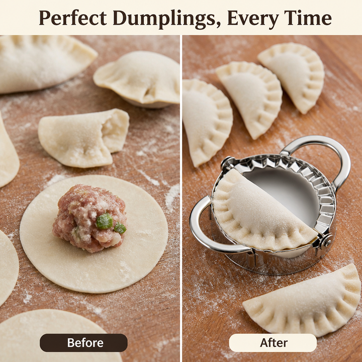 Før og efter: til venstre ujævne dumplings og dej med fyld, til højre ensartede dumplings lavet med formen. 4