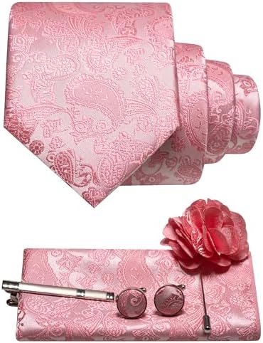 Fersken- eller laksrosa paisley-sæt med slips, lommeklud, manchetknapper, slipsenål og blomsterbroche. 29