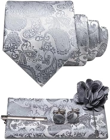 Sølvgråt paisley-sæt med slips, lommeklud, manchetknapper, slipsenål og blomsterbroche i grå nuancer. 31