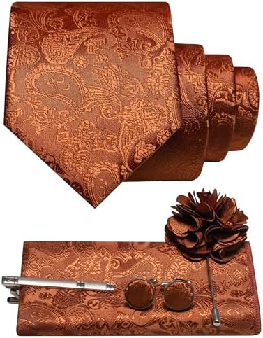 Sæt i kobberbrun med paisleymønster: slips, lommeklud, manchetknapper, slipsenål og brun blomsterbroche. 15