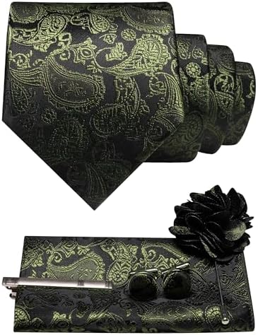 Sæt i sort og olivengrøn paisley med slips, lommeklud, manchetknapper, slipsenål og blomsterbroche. 24