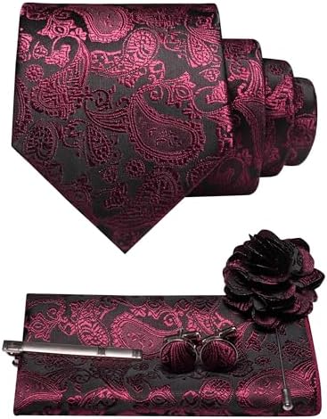 Bordeaux og sort paisley-sæt med oprullet slips, lommeklud, manchetknapper, slipsenål og blomsterbroche. 35