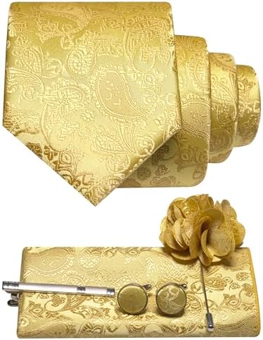 Sæt i gyldengul med paisleymønster: slips, lommeklud, manchetknapper, slipsenål og reversbroche formet som en blomst. 5