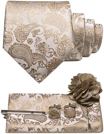Sæt i beige og guld med paisleymønster: slips, lommeklud, manchetknapper, slipsenål og blomsterformet reversbroche. 20