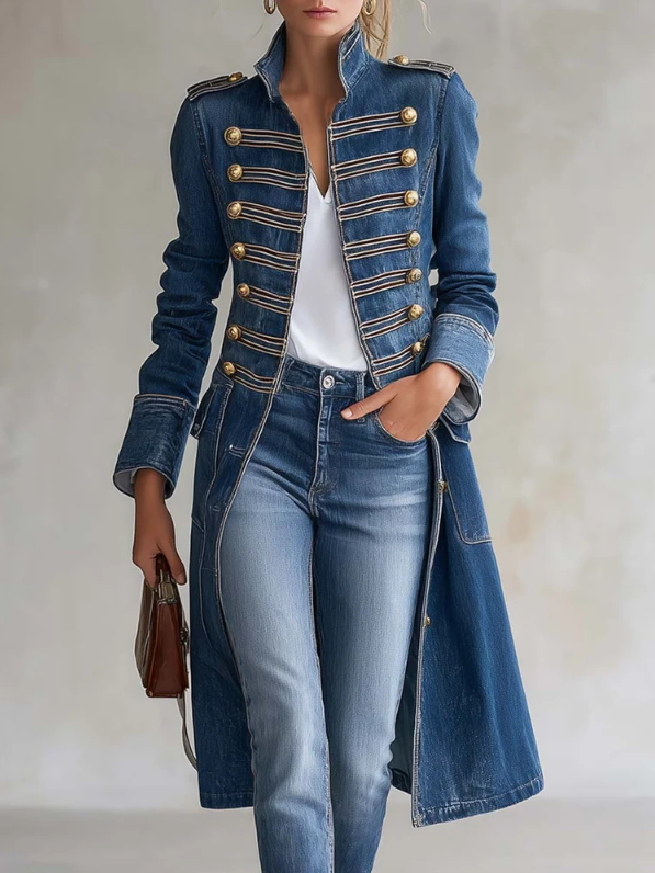 Kvinde i blå denimfrakke med guldknapper og snorebesyg, hvid top og jeans, hånden i lommen, nærbillede af overkroppen. 1