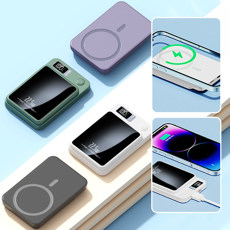 Powerbanks i grøn, lilla, hvid og sort, med to små billeder af trådløs opladning og opladning via kabel. 9