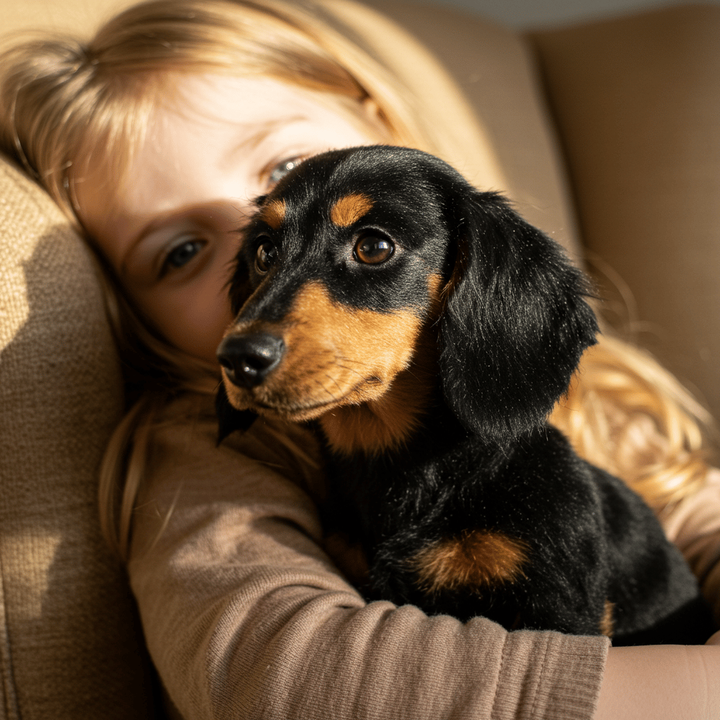 Lille pige med lyst hår krammer en sort plysgravhund med brune aftegninger, mens hun sidder i en sofa. 6