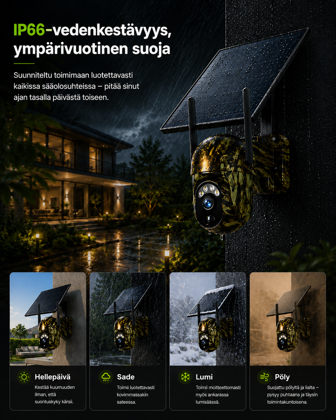 Kamera med solpanel på en mørk væg i kraftig regn, med fire små billeder af sol, regn, sne og støv. 7