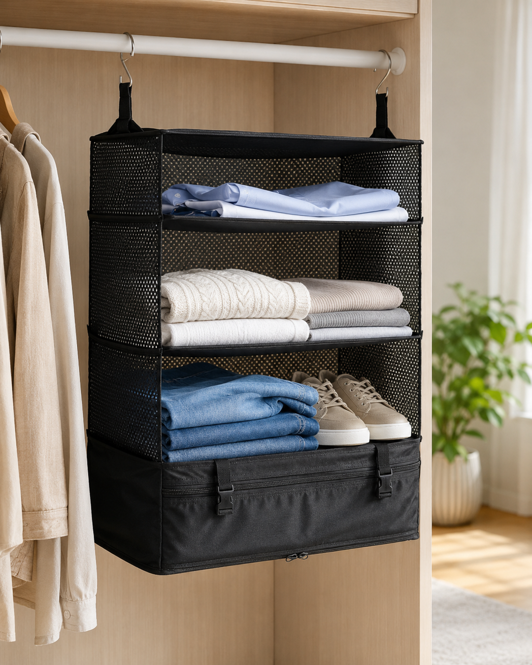 Organizer med mesh-sider hænger på hvid stang med skjorter, trøjer, jeans og sko 12