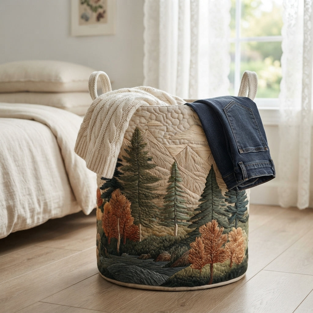 Kurv med skovmotiv ved en seng, fyldt med en cremefarvet strikket trøje og et par mørkeblå jeans. 13