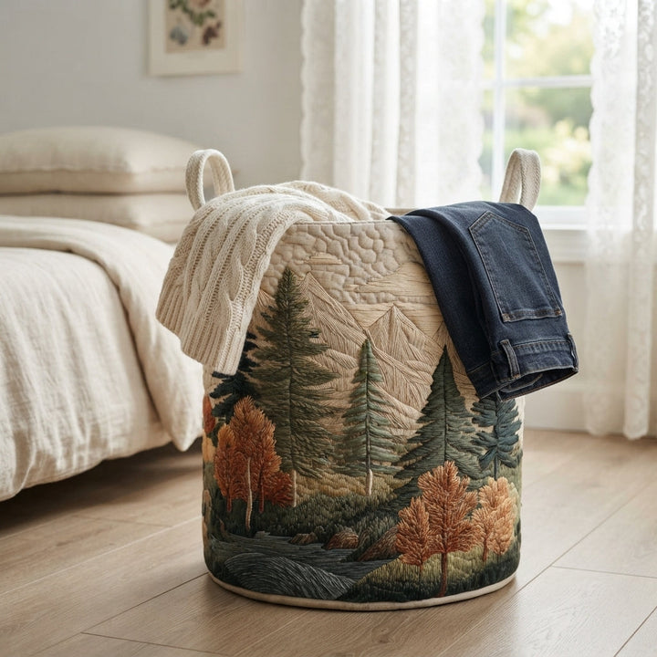 Kurv med skovmotiv ved en seng, fyldt med en cremefarvet strikket trøje og et par mørkeblå jeans. 13