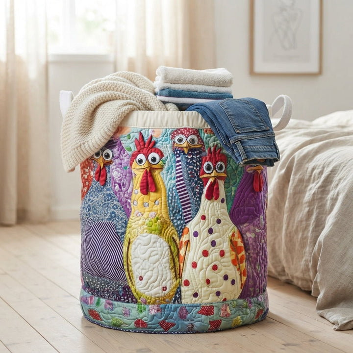 Kurven på et trægulv ved en seng, fyldt med strikket tæppe, håndklæder og jeans, så man ser patchwork-hønsene på siden. 5