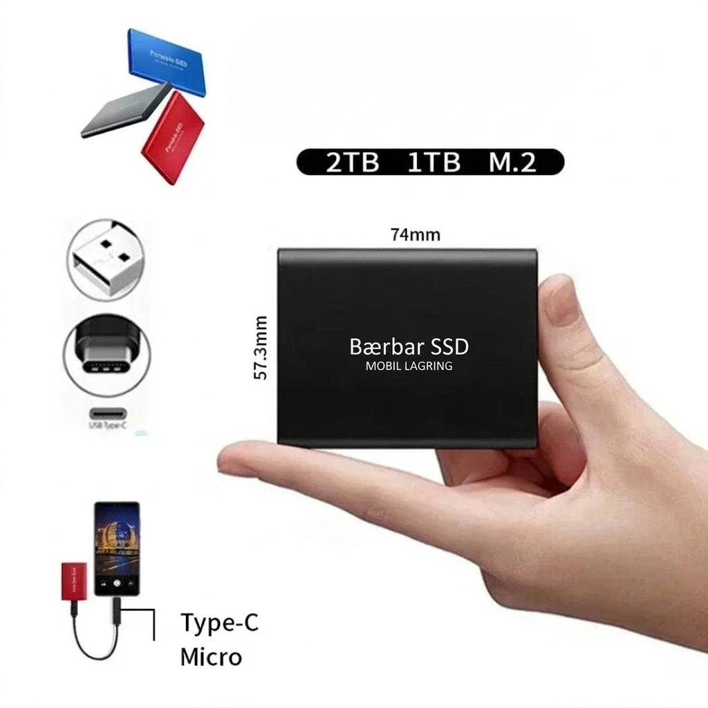 Sort SSD holdt i en hånd med mål, portsymboler og tilslutning til mobiltelefon 4