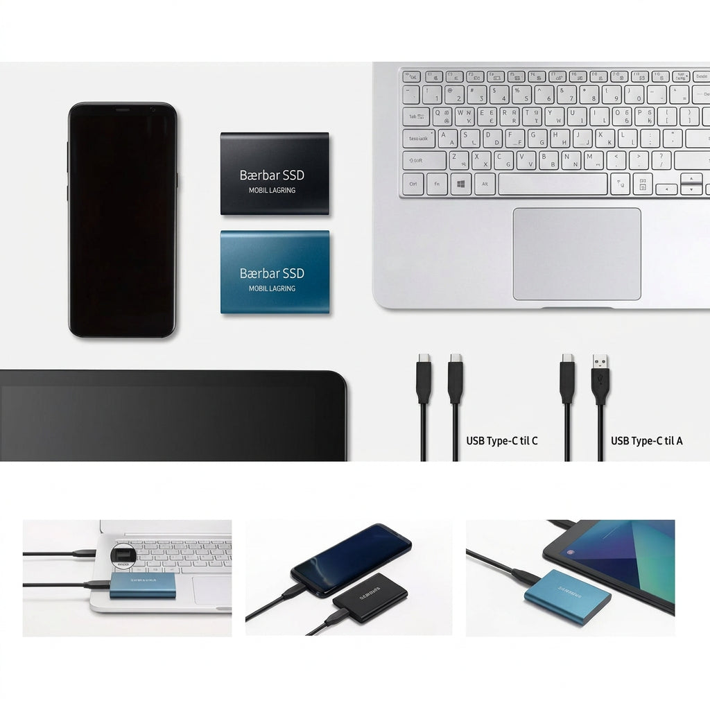 Flat lay med to SSD'er, telefon, bærbar og kabler samt tre tilslutningseksempler 6