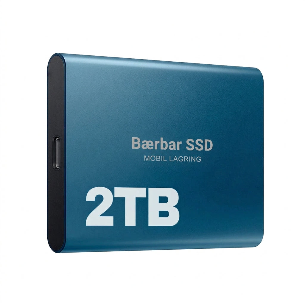 Blå ekstern SSD set fra siden med USB-C-port, frilagt på hvid baggrund 9