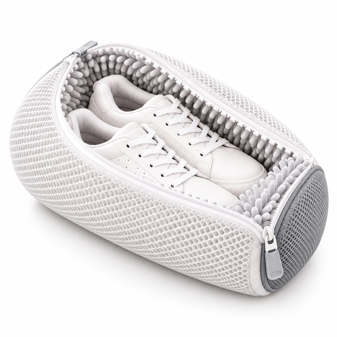 Hvid og grå version af vaskeposen, åben med to hvide sneakers på hvid baggrund 9