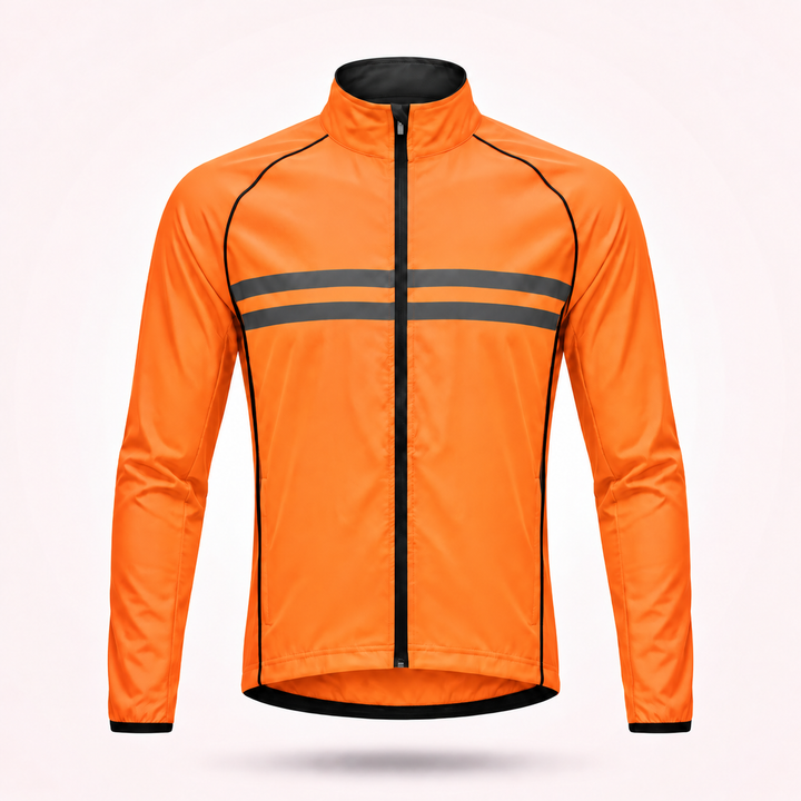 Orange cykeljakke set forfra uden hætte med sorte kantstriber, sort lynlås og to grå reflekterende striber over brystet. 15