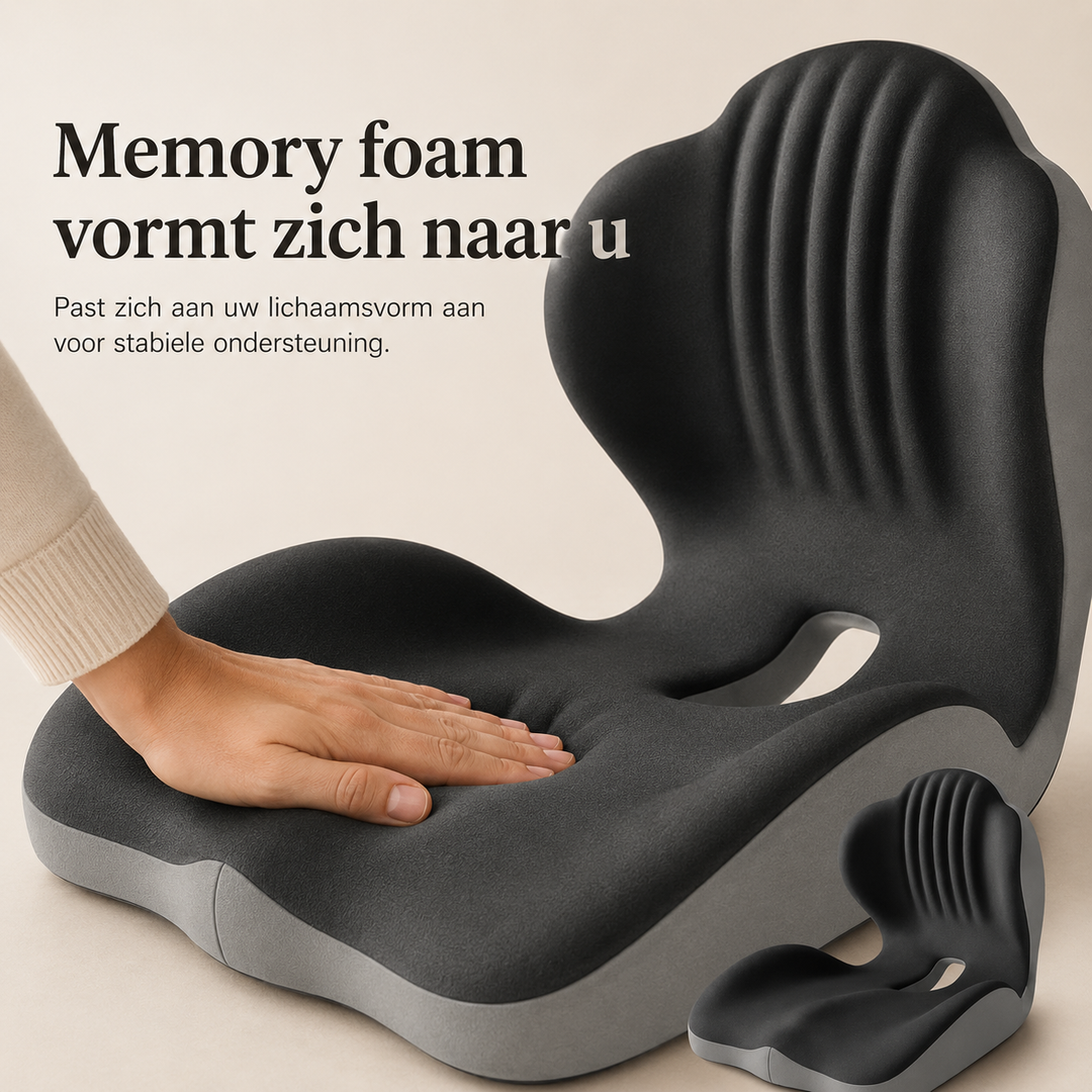 En hånd trykker ned i den formede memory foam-sæde på det mørkegrå hynde 3
