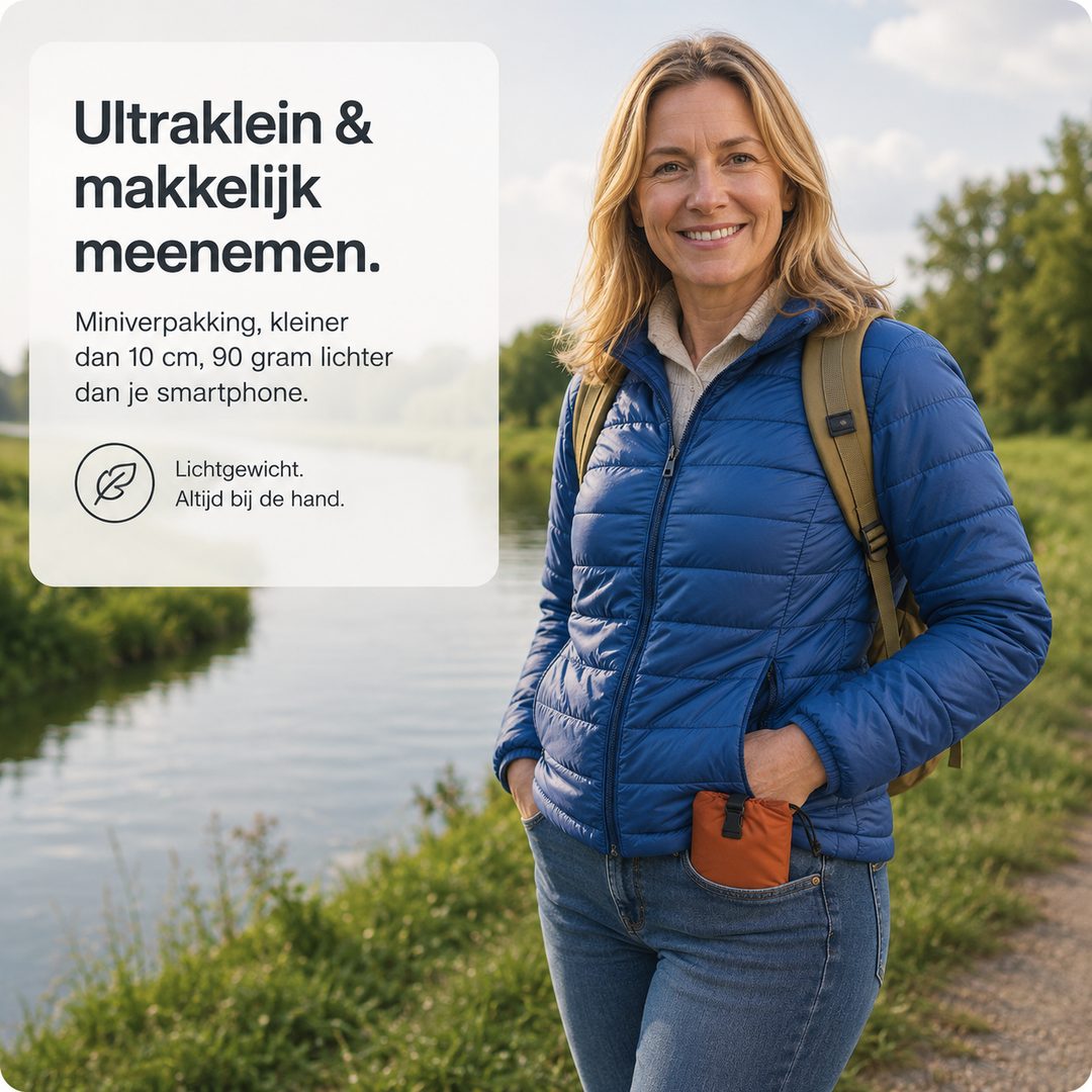 Smilende kvinde i blå jakke med rygsæk ved en å, med den orange opbevaringspose stikkende op af jeansfladen. 4