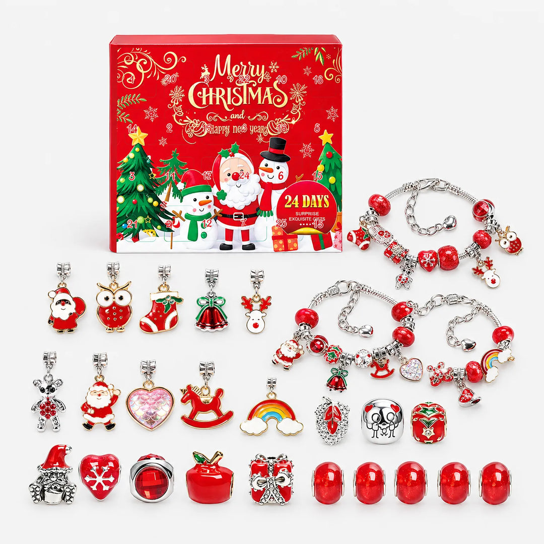 Rød julekalenderæske med julemand og snemænd, tre røde armbånd og rækker af julevedhæng og røde perler. 4