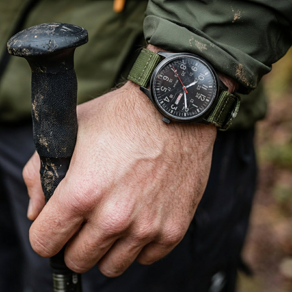Nærbillede af uret på håndleddet af en vandrer, der holder en mudret vandrestok, med grøn stofrem og sort urskive. 2