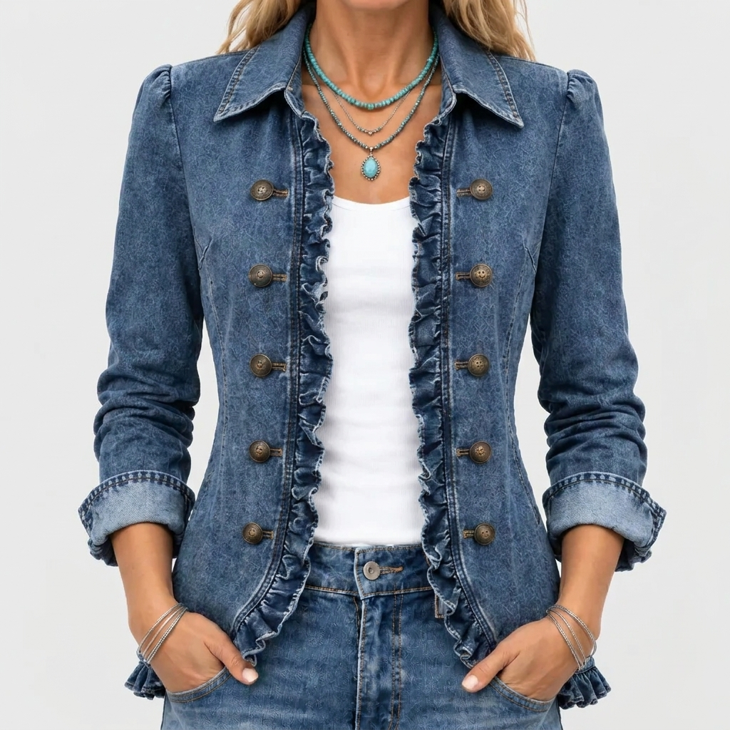 Nærbillede af blå denimjakke med flæsekant og metalknapper, båret åben over hvid top og jeans 1