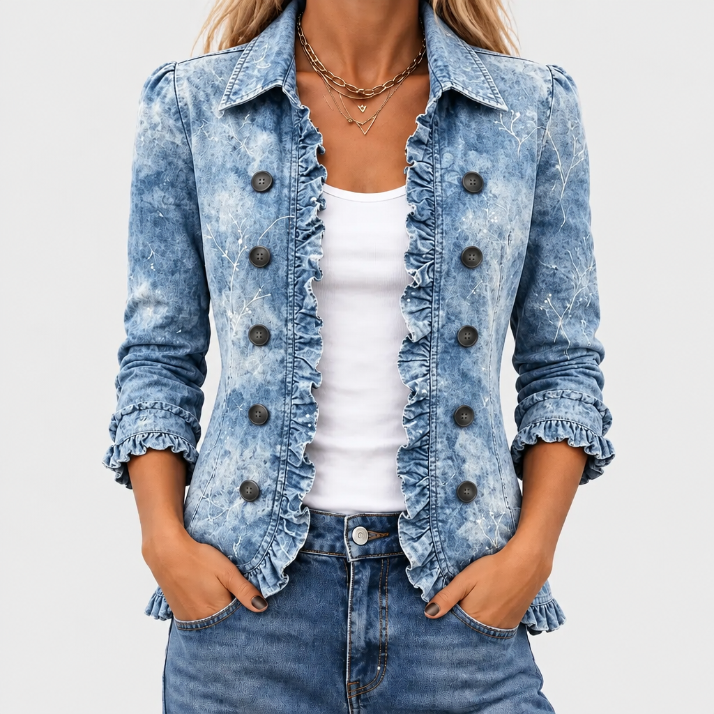 Nærbillede forfra af blå denimjakke med flæsekant og knapper, båret åben over hvid top 1
