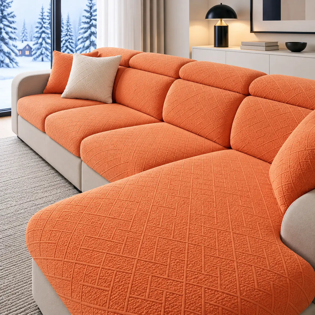 Orange sofaovertræk med ophøjet rudemønster på et hjørnesofa i en stue med vinterudsigt 1