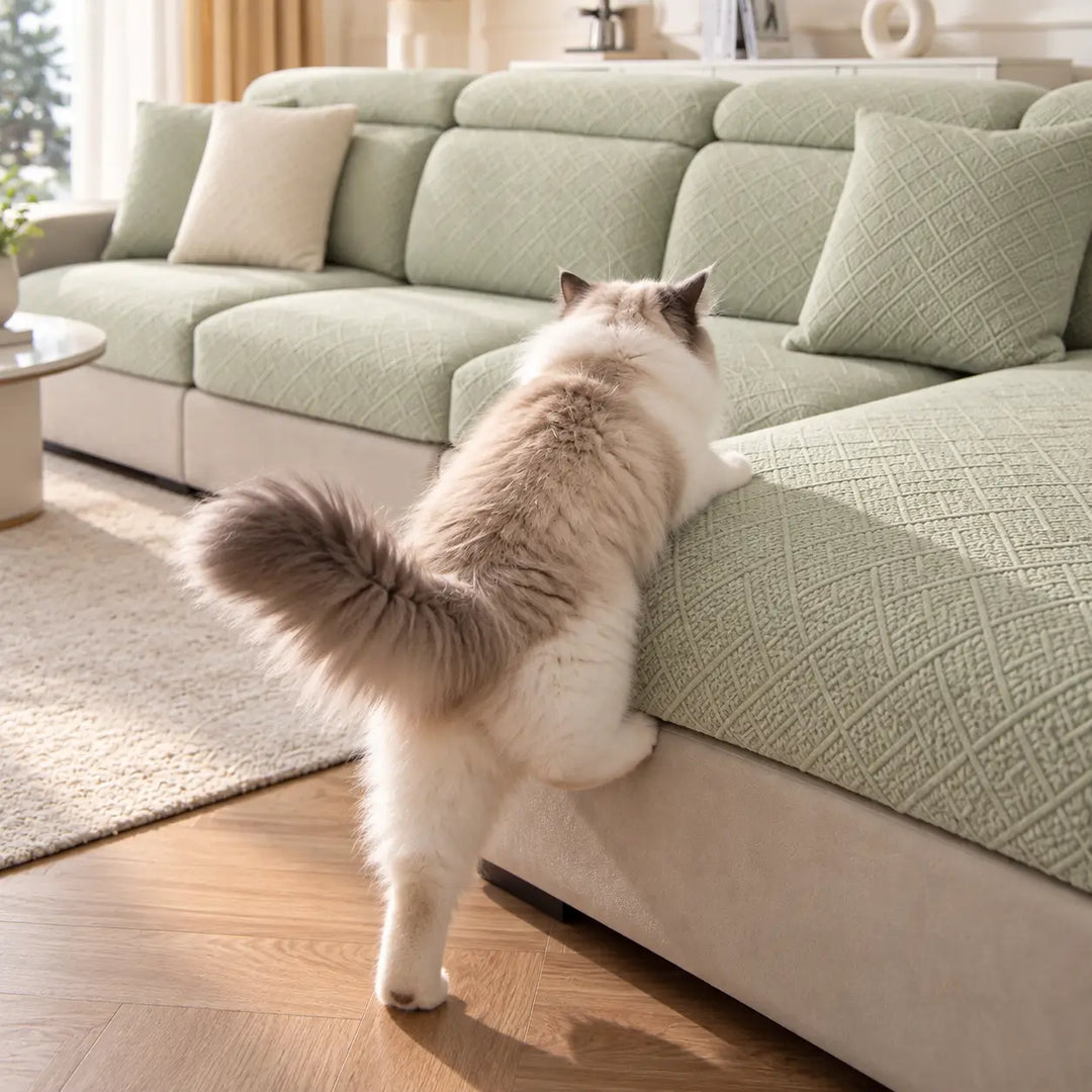 Lysegrønt sofaovertræk på hjørnesofa, hvor en fluffy kat står op ad sædet 14