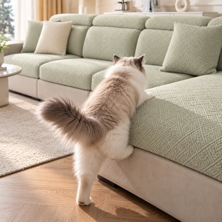 Lysegrønt sofaovertræk på hjørnesofa, hvor en fluffy kat står op ad sædet 14