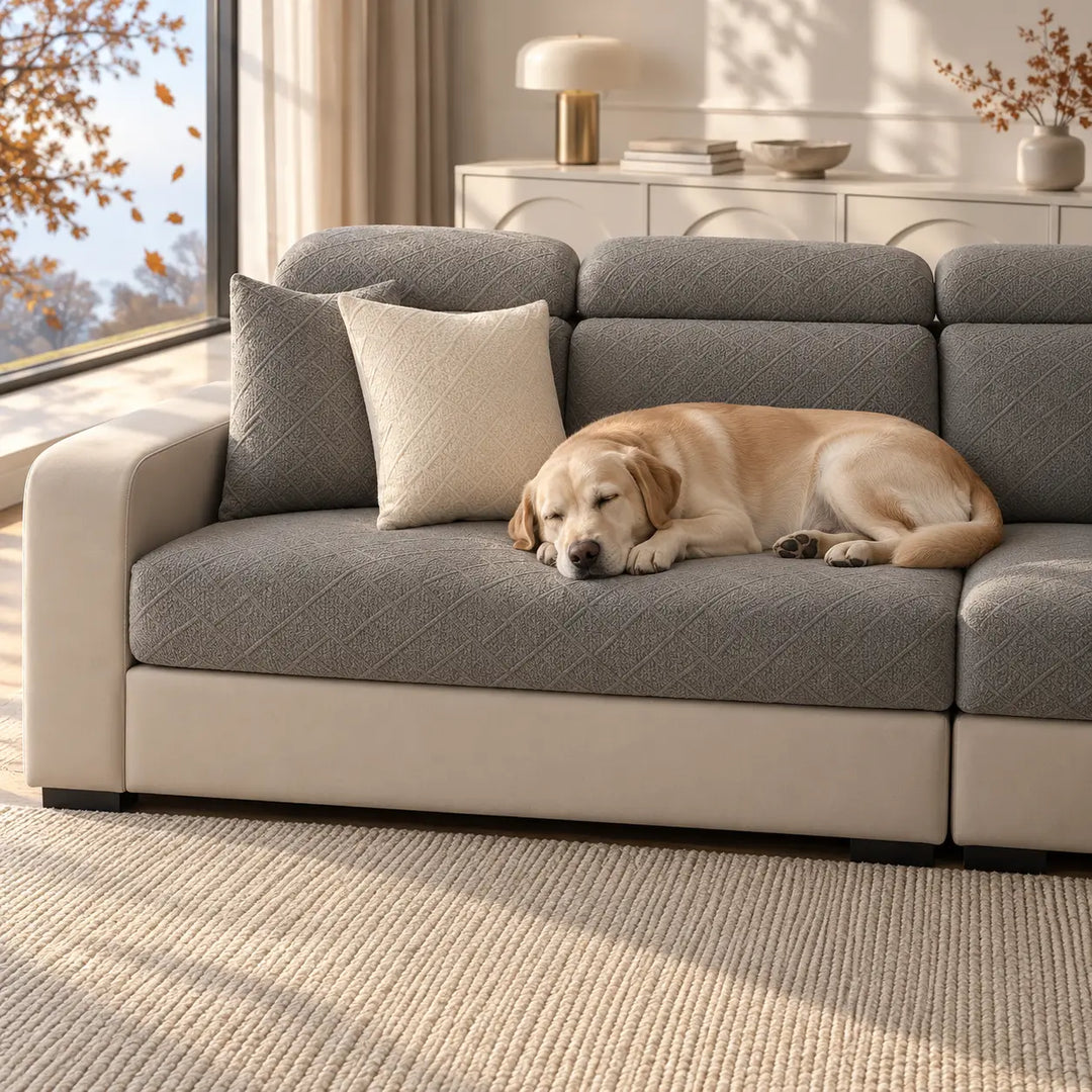 Grå sofaovertræk på sofa med to puder og en labrador, der sover i sollys 8
