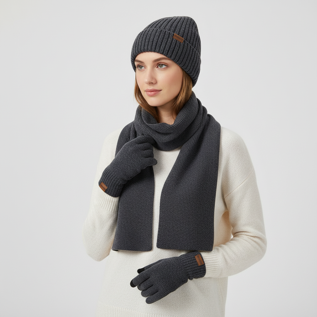 Dreiteiliges Gestricktes Winteraccessoire Set - WarmTrio
