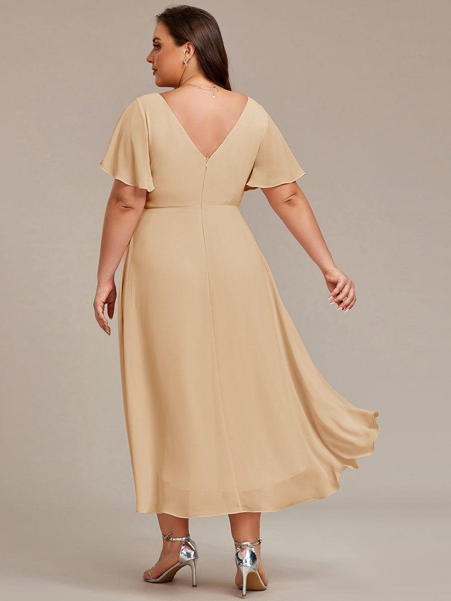 Chiffon kjole til bryllupsgæst med V-hals og korte ærmer 154