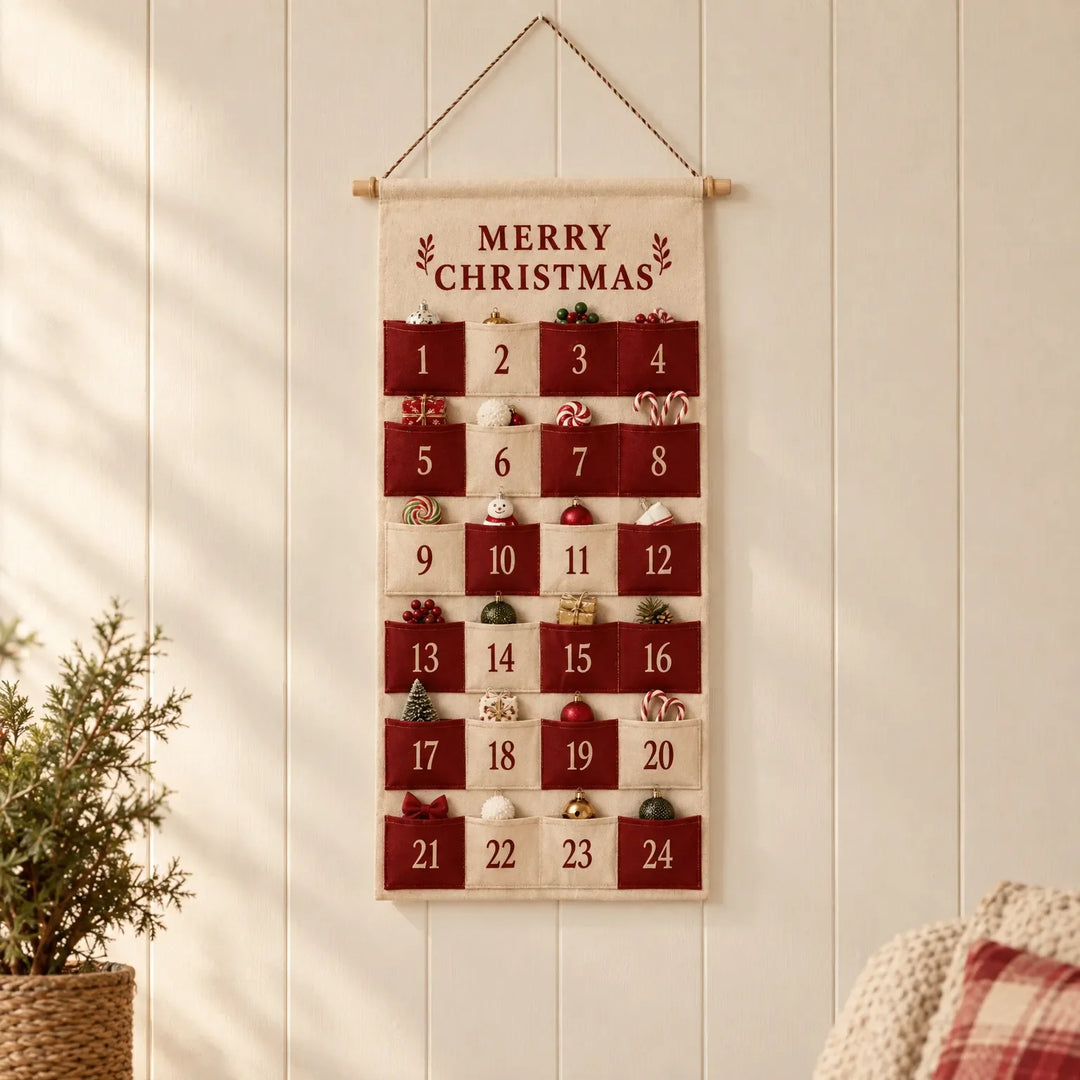 Stofkalender med 24 røde og cremefarvede lommer hænger på en hvid panelvæg, fyldt med små julepynt, mellem en grangren og en pude. 1