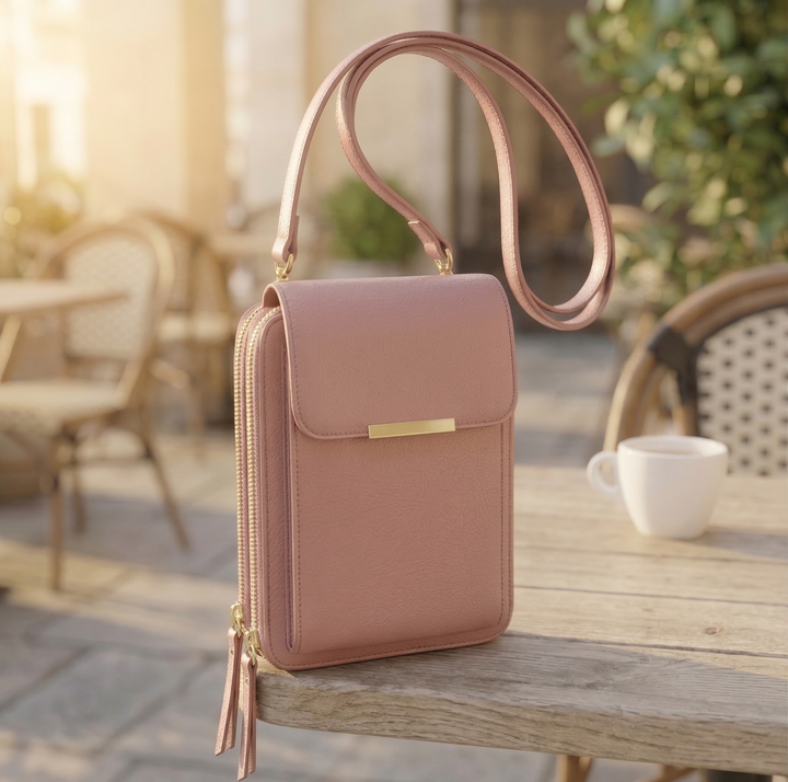 Crossbody-taske i støvet rosa med guldfarvet spænde og kvaster på lynlåsene, placeret på kanten af et træbord udendørs. 2