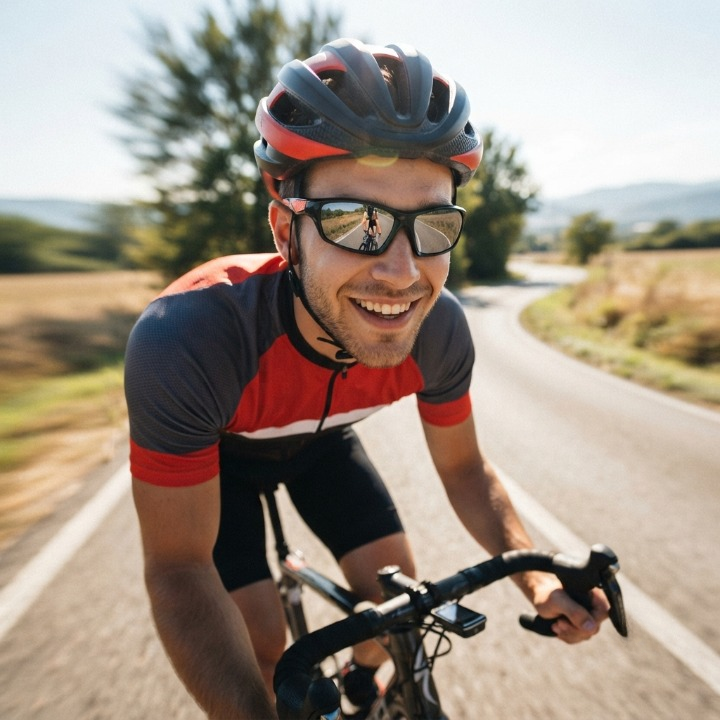 Smilende cyklist med cykelhjelm og spejlede sportsbriller kører på en landevej i solskin 2